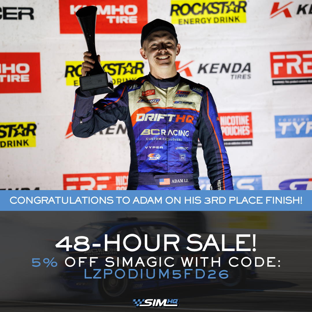 Adam took third. Now it’s your turn to make a move. Celebrate his podium finish with 5% off eligible SIMAGIC products. If you’ve been eyeing your next rig upgrade, this is your nudge.