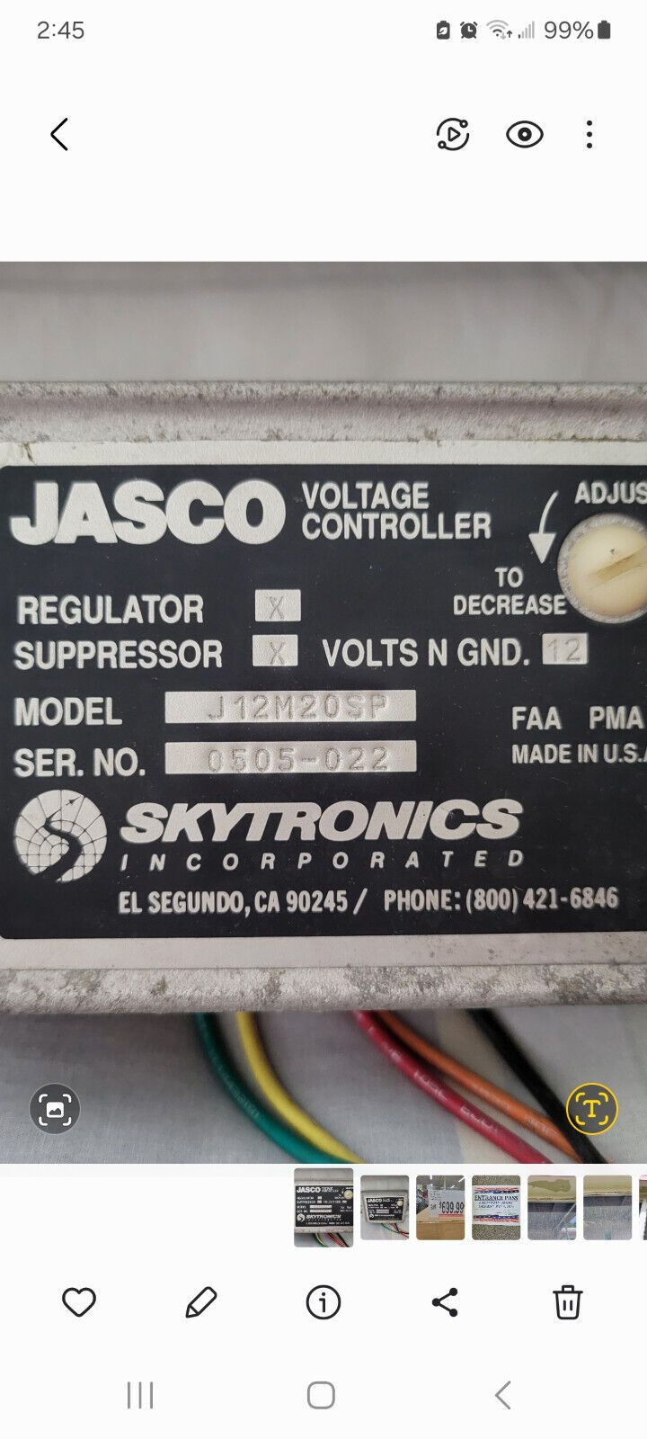 JASCO Voltage Regulator, 14 Volt. Aircraft electrical