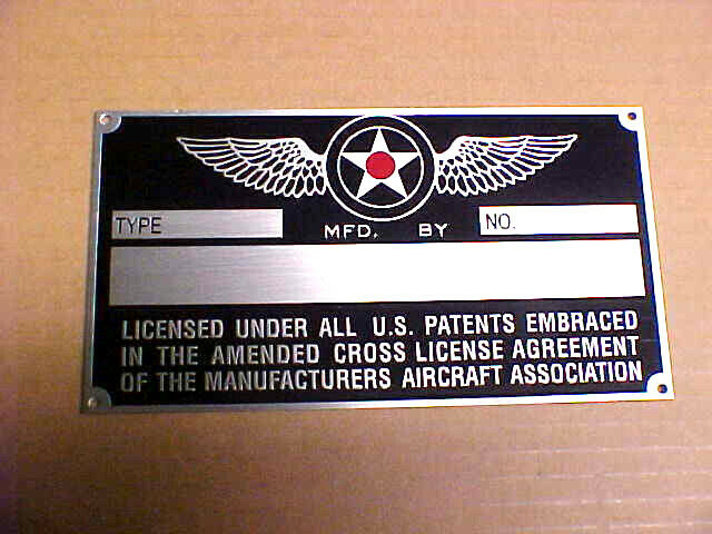 Aircraft Data Plate for Vintage Airplanes Acid Etched Aluminum 1930s - 1950s ?