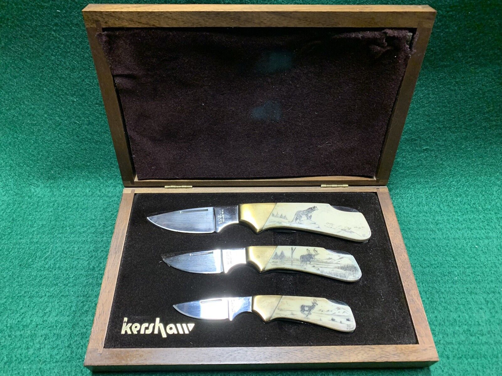 3 Piece Kershaw Scrimshaw Knife Set - Wildlife Animals 825/1000 G. Harbour  for Sale 
