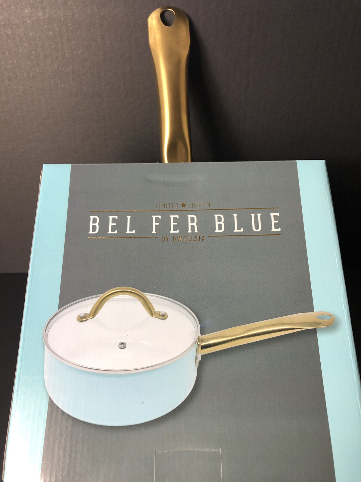 Dwell Six Bel Fer Blue 2 Qt Sauce Pan w/ Lid NIB Turquoise Outside White  Inside