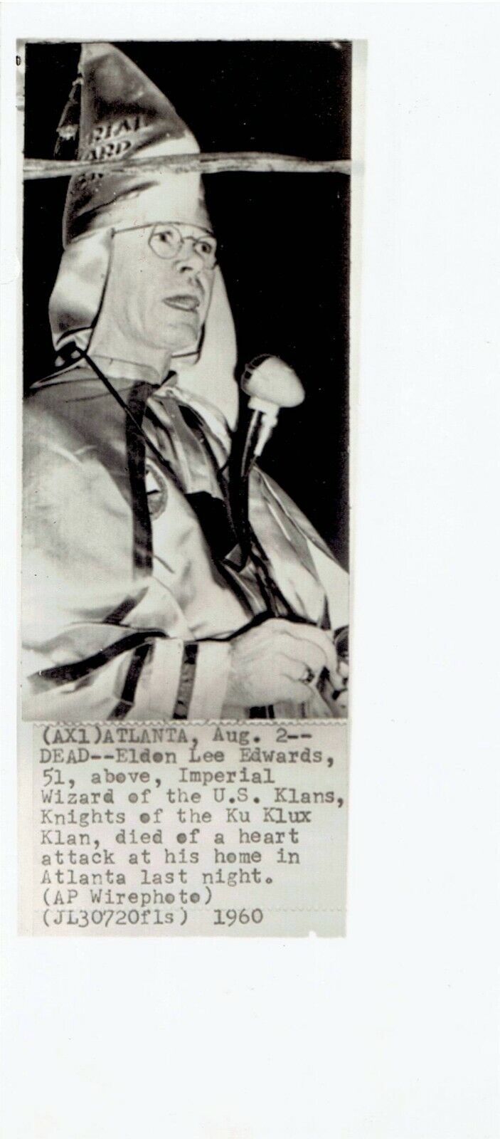 1960 Press Photo Eldon Edwards, Imperial Wizard of the KKK, dies of heart attack